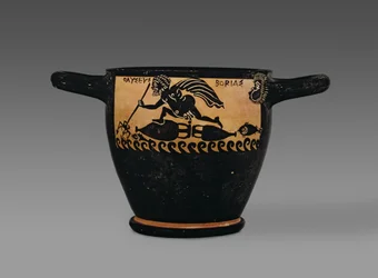 Böotischer schwarzfiguriger Skyphos, dekoriert mit einer Szene von Odysseus, der von Boreas über das Meer geblasen wird, aus der Werkstatt des Mystae-Malers, Theben, Böotien, spätes 5. Jahrhundert v. Chr.